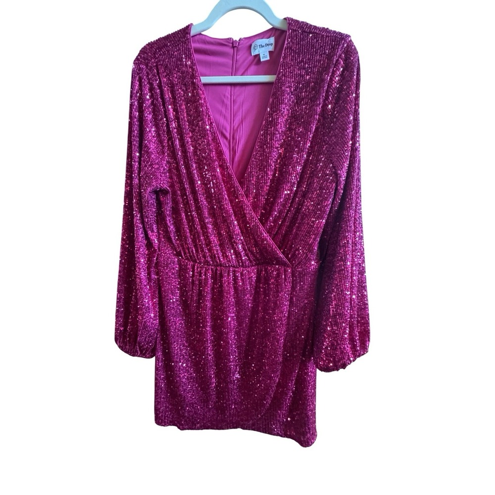 The Drop Helena Hot Pink Short‎ Sequin Wrap Dress Sz XL Long Sleeve Party Glitzy